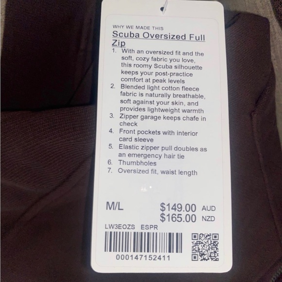 NWT Lululemon espresso oversized full zip scuba M/L RARE Only one on here! - Picture 6 of 6